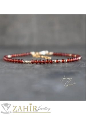 Мега яка гривна за ръка или глезен от естествен гранат 3 мм топче и стоманени елементи, закопчалка и удължител - GA3075